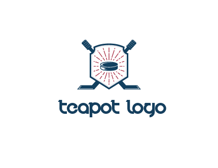 puck in centre of shield with hockey sticks logo