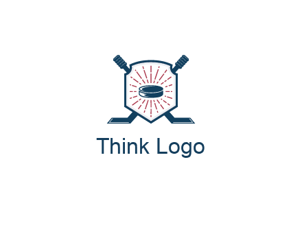 puck in centre of shield with hockey sticks logo