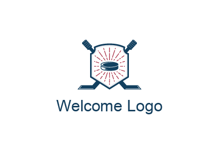 puck in centre of shield with hockey sticks logo
