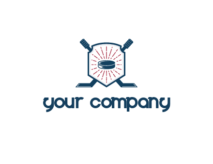puck in centre of shield with hockey sticks logo