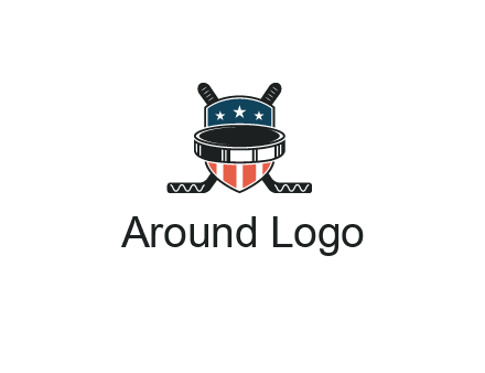 hockey stick behind shield with us flag logo