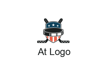 hockey stick behind shield with us flag logo