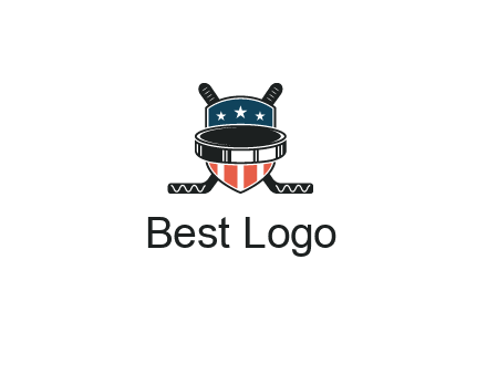 hockey stick behind shield with us flag logo