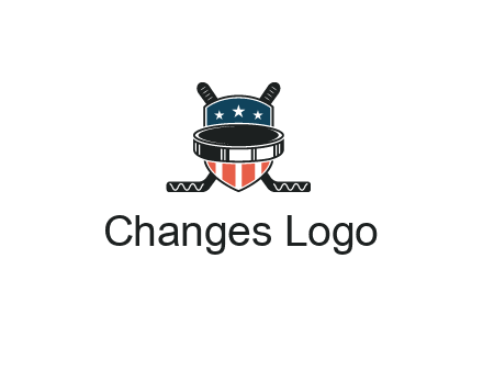 hockey stick behind shield with us flag logo