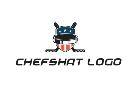 hockey stick behind shield with us flag logo