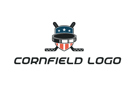 hockey stick behind shield with us flag logo