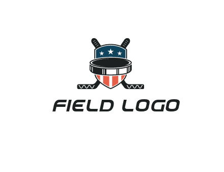 hockey stick behind shield with us flag logo