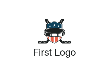 hockey stick behind shield with us flag logo