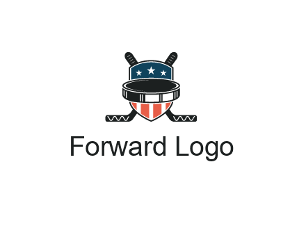 hockey stick behind shield with us flag logo
