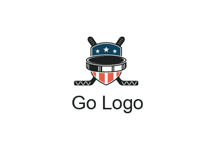 hockey stick behind shield with us flag logo