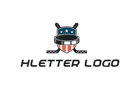 hockey stick behind shield with us flag logo
