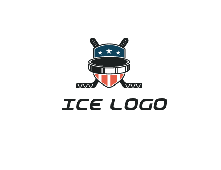 hockey stick behind shield with us flag logo