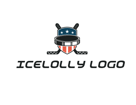 hockey stick behind shield with us flag logo
