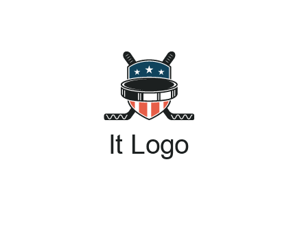 hockey stick behind shield with us flag logo