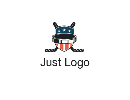 hockey stick behind shield with us flag logo