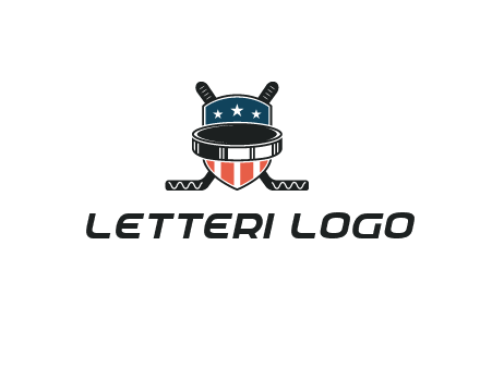 hockey stick behind shield with us flag logo