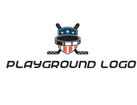 hockey stick behind shield with us flag logo