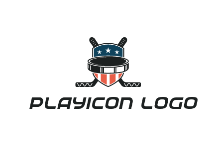 hockey stick behind shield with us flag logo