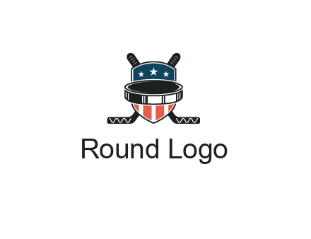 hockey stick behind shield with us flag logo