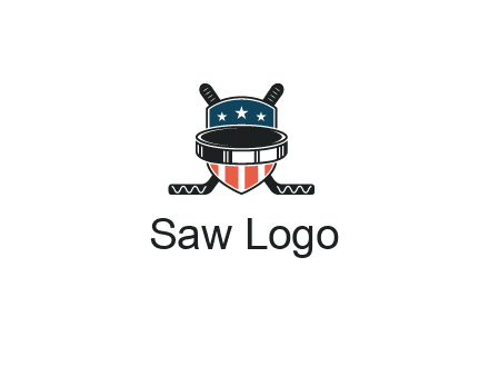hockey stick behind shield with us flag logo