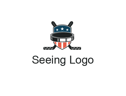 hockey stick behind shield with us flag logo