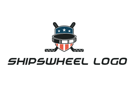 hockey stick behind shield with us flag logo