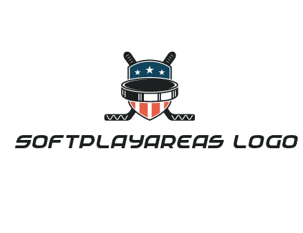 hockey stick behind shield with us flag logo