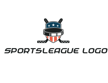 hockey stick behind shield with us flag logo
