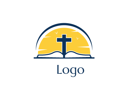cross and bible in front of sun logo