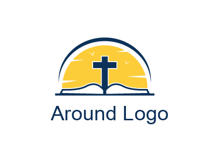 cross and bible in front of sun logo