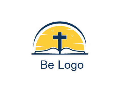 cross and bible in front of sun logo