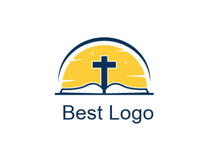 cross and bible in front of sun logo