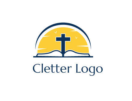cross and bible in front of sun logo