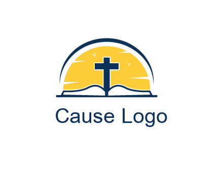 cross and bible in front of sun logo