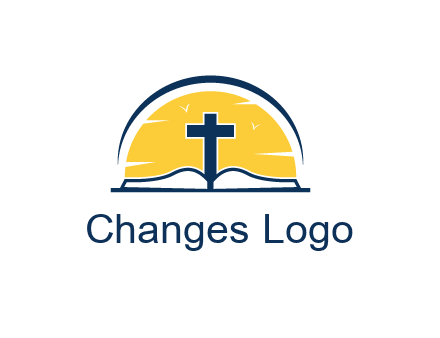 cross and bible in front of sun logo