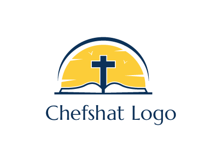 cross and bible in front of sun logo