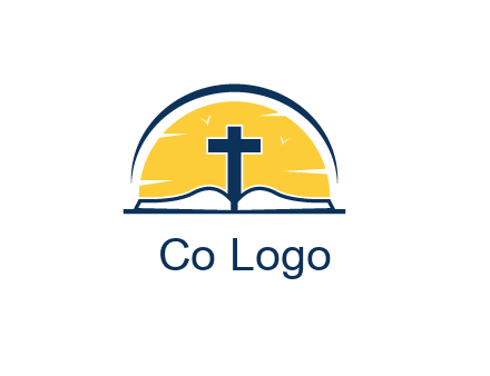 cross and bible in front of sun logo