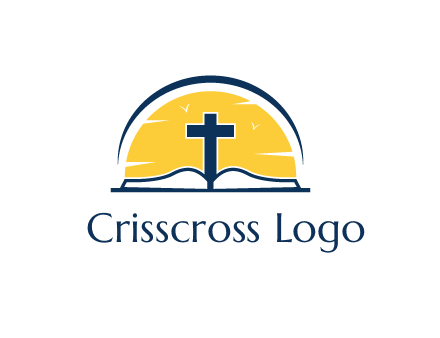 cross and bible in front of sun logo