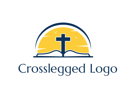 cross and bible in front of sun logo