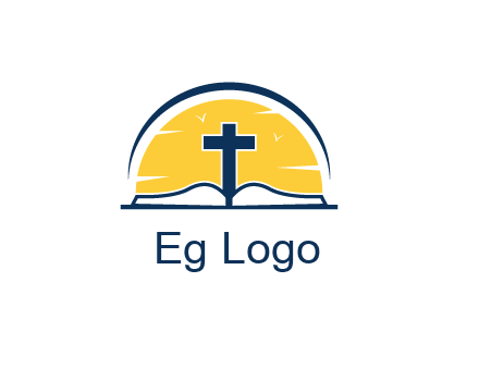 cross and bible in front of sun logo