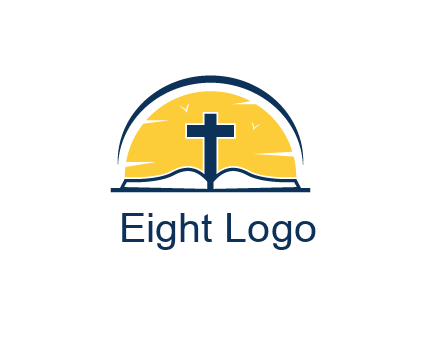 cross and bible in front of sun logo