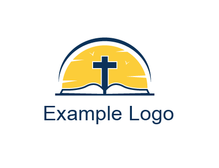 cross and bible in front of sun logo