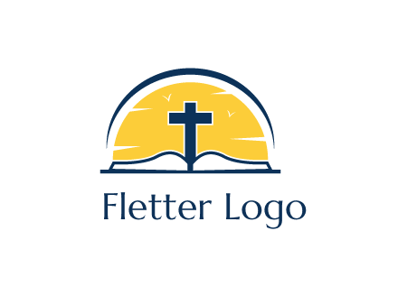 cross and bible in front of sun logo