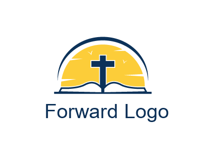 cross and bible in front of sun logo