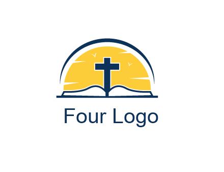 cross and bible in front of sun logo