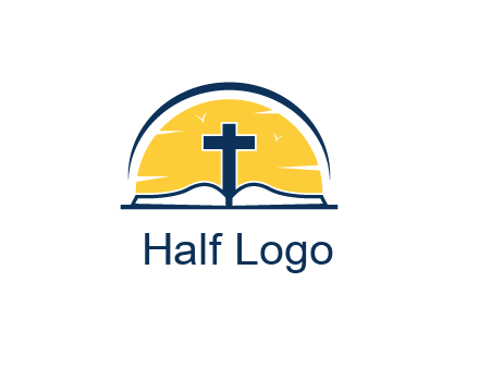cross and bible in front of sun logo