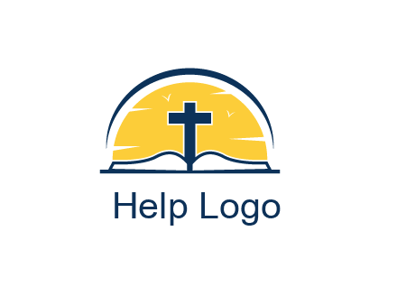 cross and bible in front of sun logo