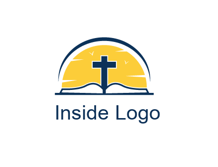 cross and bible in front of sun logo