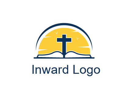 cross and bible in front of sun logo