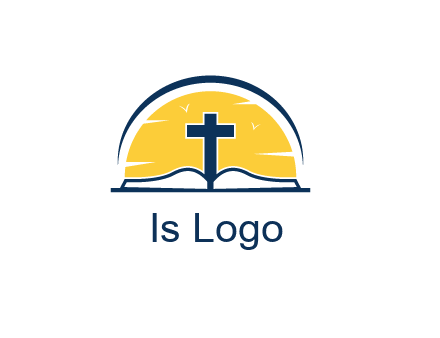 cross and bible in front of sun logo